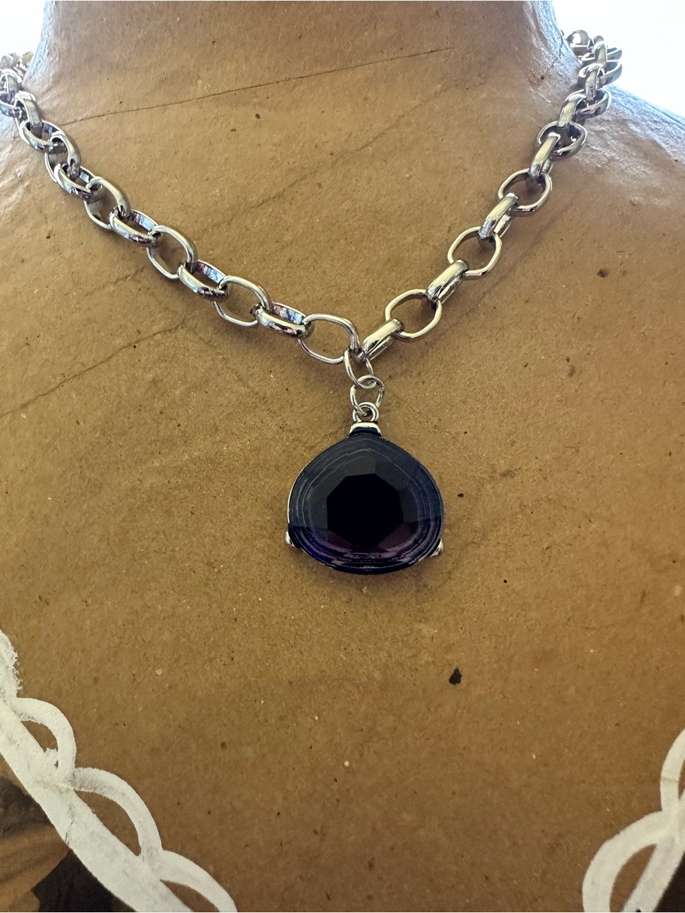 Source Unknown Silver Chain Necklace with Dark Purple Faceted Pendant